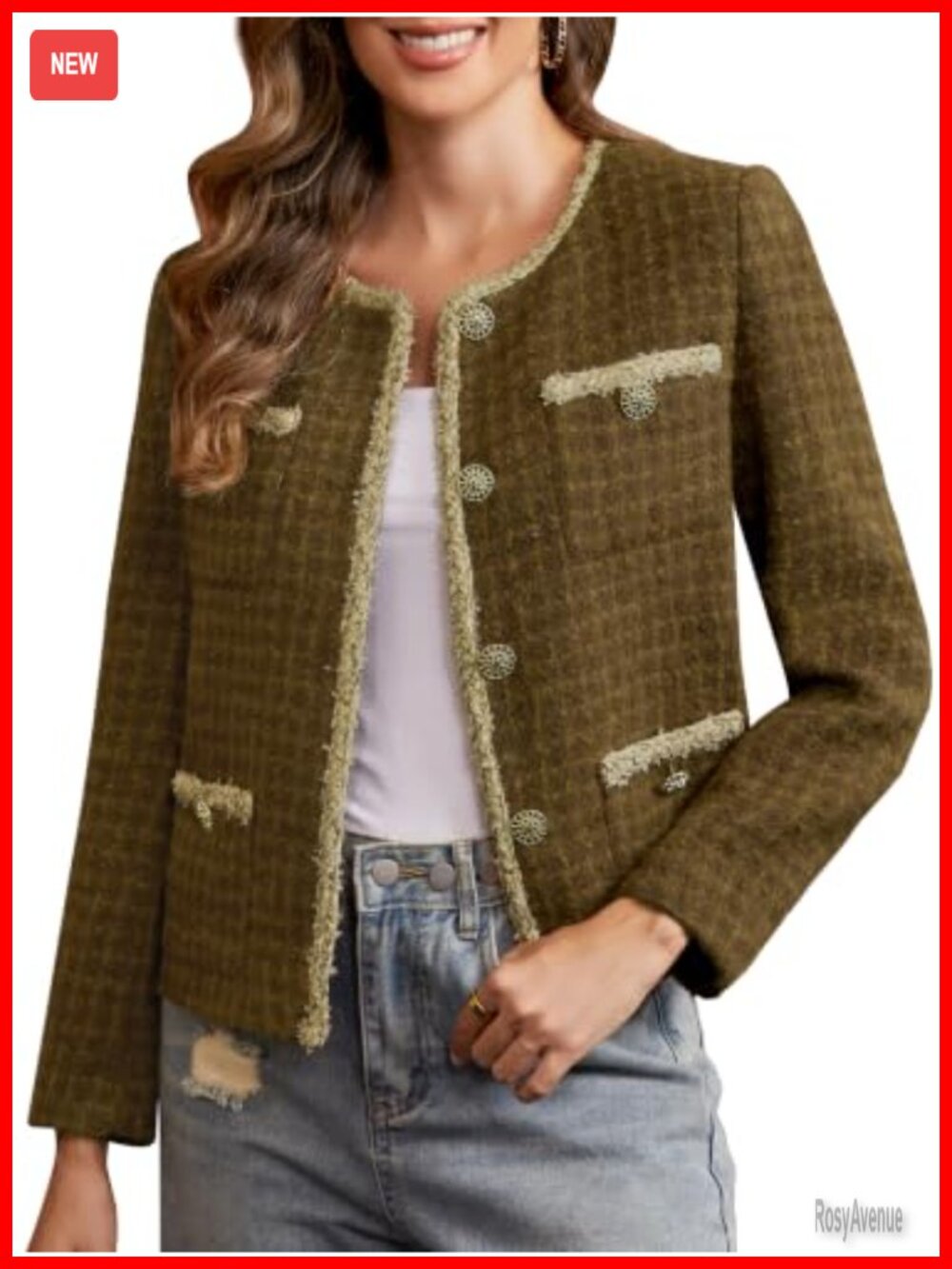Tweed Blazer Women Business Casual Metallic Button Padded Shoulder Lined